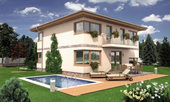 Maison de famille moderne à plusieurs étages avec fenêtres d'angle.